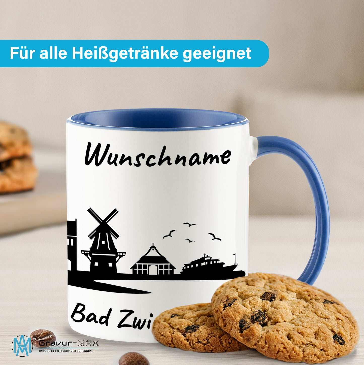 Tasse in Cambridge Blau 330ml bedruckt mit der Skyline von Bad Zwischenahn personalisierbar mit Wunschname