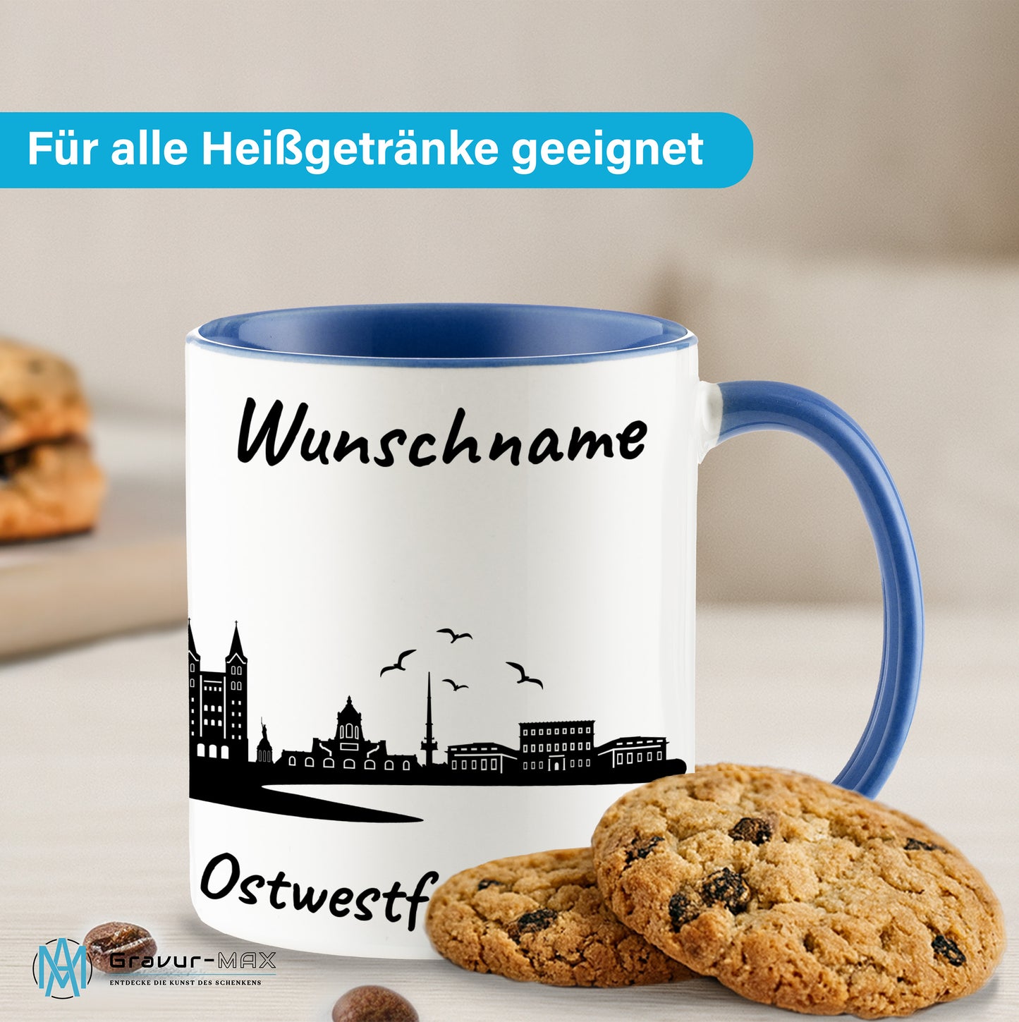 Tasse in Cambridge Blau 330ml bedruckt mit der Skyline von Ostwestfalen-Lippe personalisierbar mit Wunschname