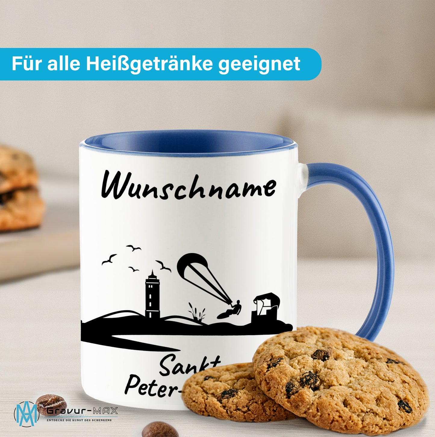 Tasse in Cambridge Blau 330ml bedruckt mit der Skyline von Sankt Peter-Ording personalisierbar mit Wunschname