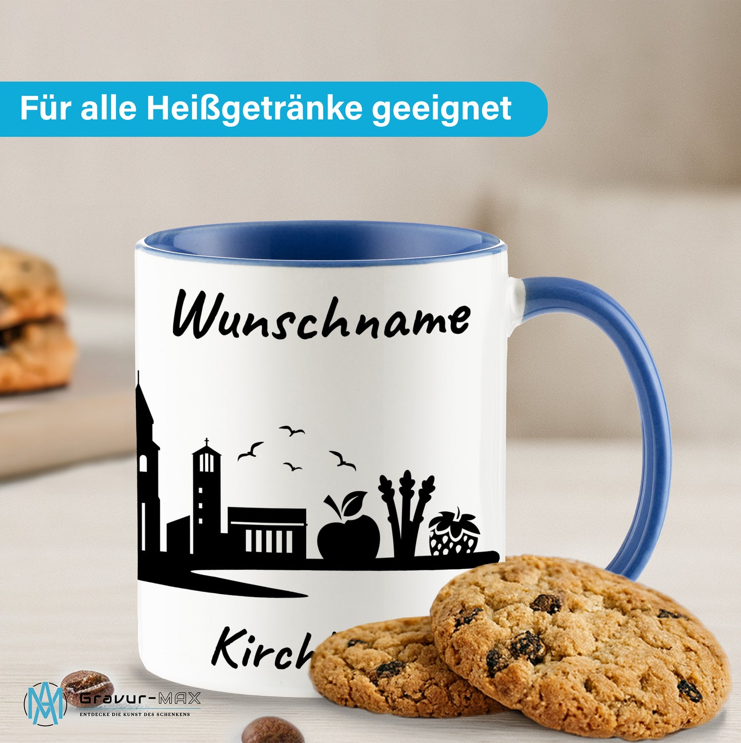 Tasse in Cambridge Blau 330ml bedruckt mit der Skyline von Kirchhellen personalisierbar mit Wunschname