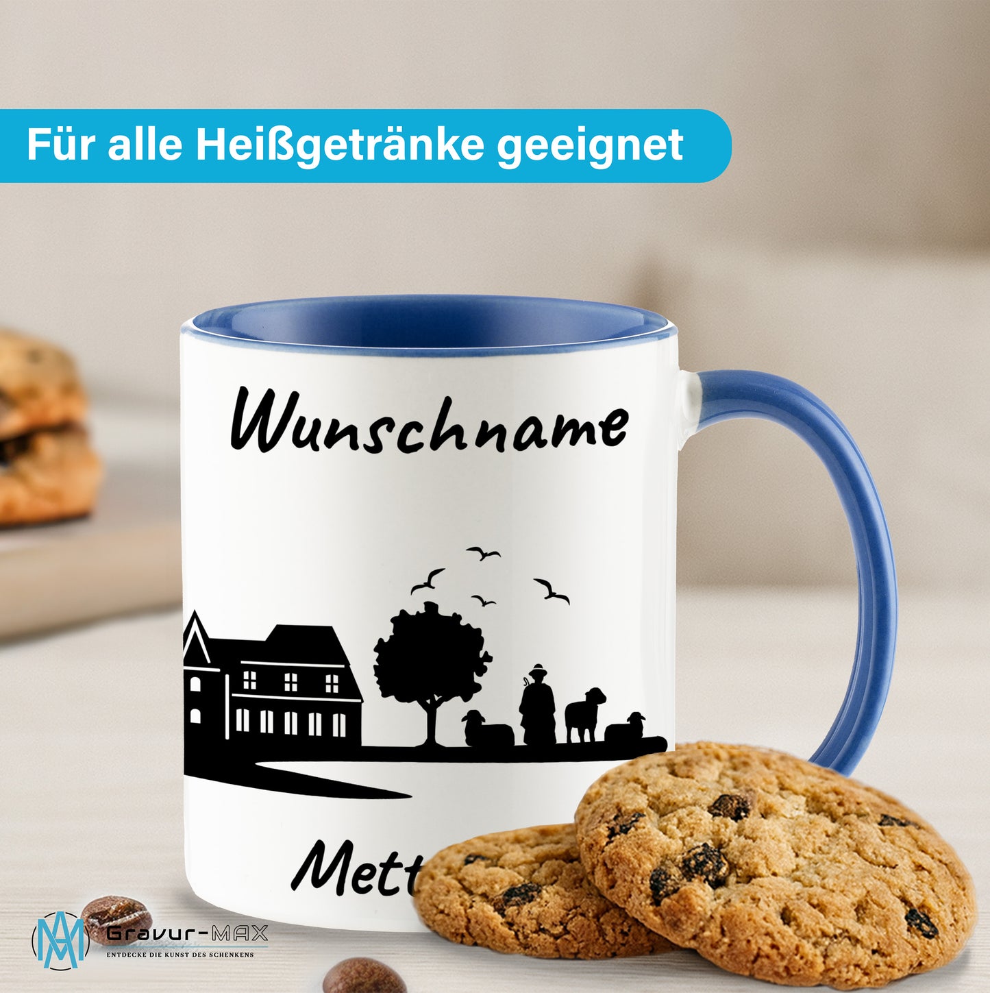 Tasse in Cambridge Blau 330ml bedruckt mit der Skyline von Mettmann personalisierbar mit Wunschname