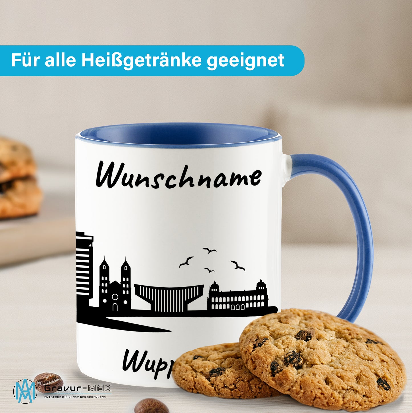Tasse in Cambridge Blau 330ml bedruckt mit der Skyline von Wuppertal personalisierbar mit Wunschname