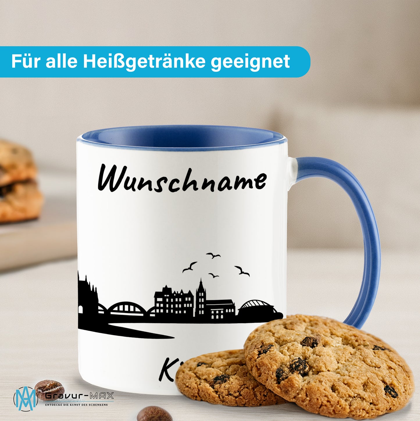Tasse in Cambridge Blau 330ml bedruckt mit der Skyline von Köln personalisierbar mit Wunschname