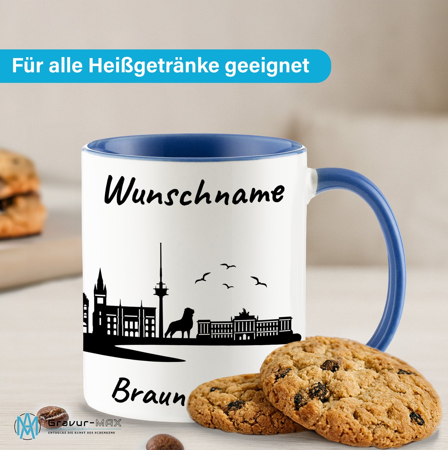 Tasse in Cambridge Blau 330ml bedruckt mit der Skyline von Braunschweig personalisierbar mit Wunschname