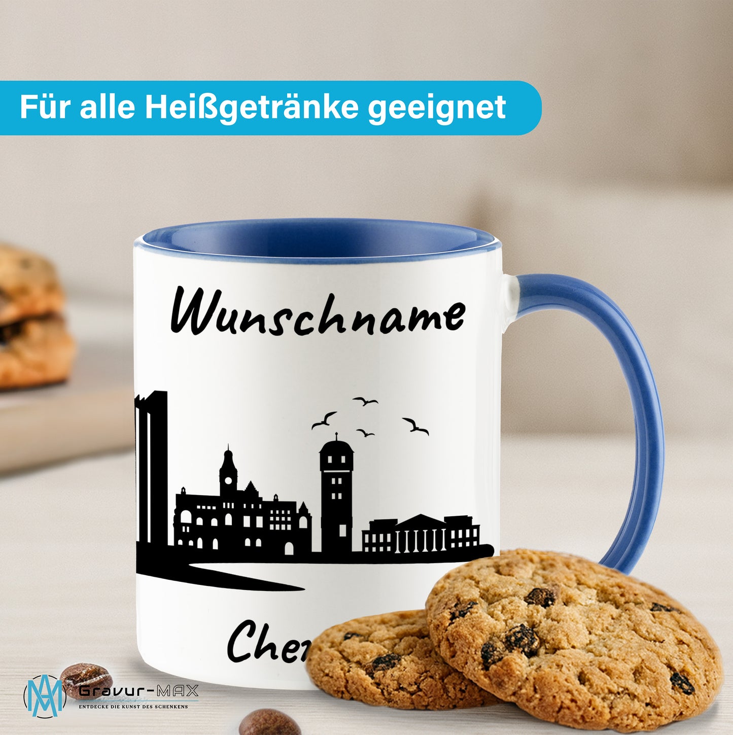 Tasse in Cambridge Blau 330ml bedruckt mit der Skyline von Chemnitz personalisierbar mit Wunschname