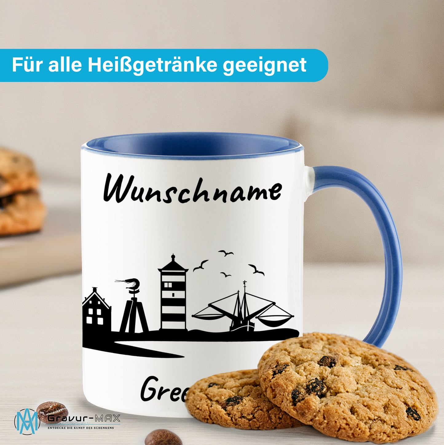 Tasse in Cambridge Blau 330ml bedruckt mit der Skyline von Greetsiel personalisierbar mit Wunschname