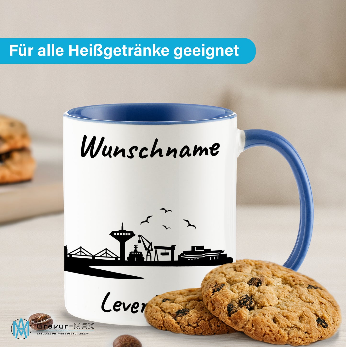 Tasse in Cambridge Blau 330ml bedruckt mit der Skyline von Leverkusen personalisierbar mit Wunschname