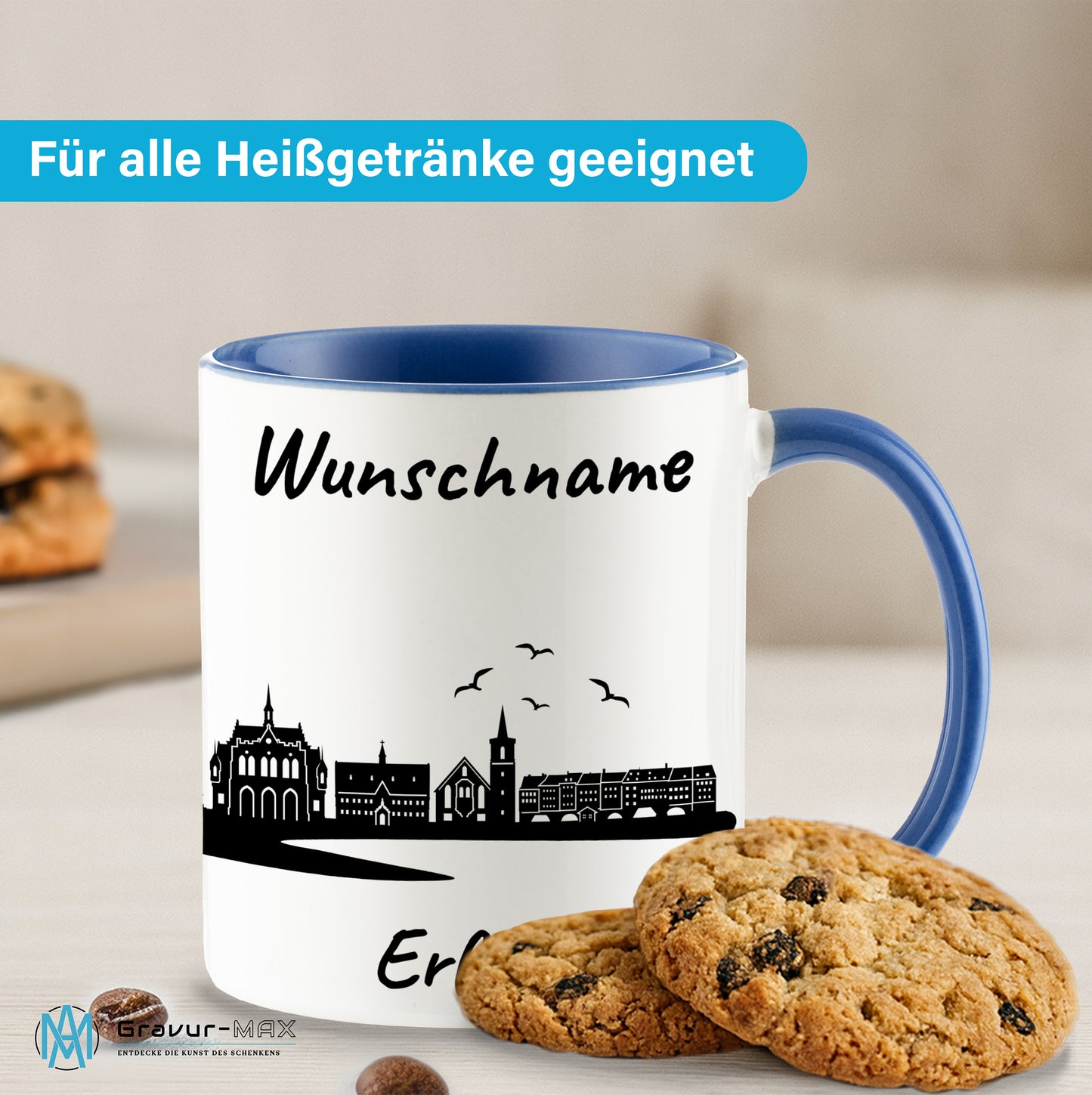 Tasse in Cambridge Blau 330ml bedruckt mit der Skyline von Erfurt personalisierbar mit Wunschname