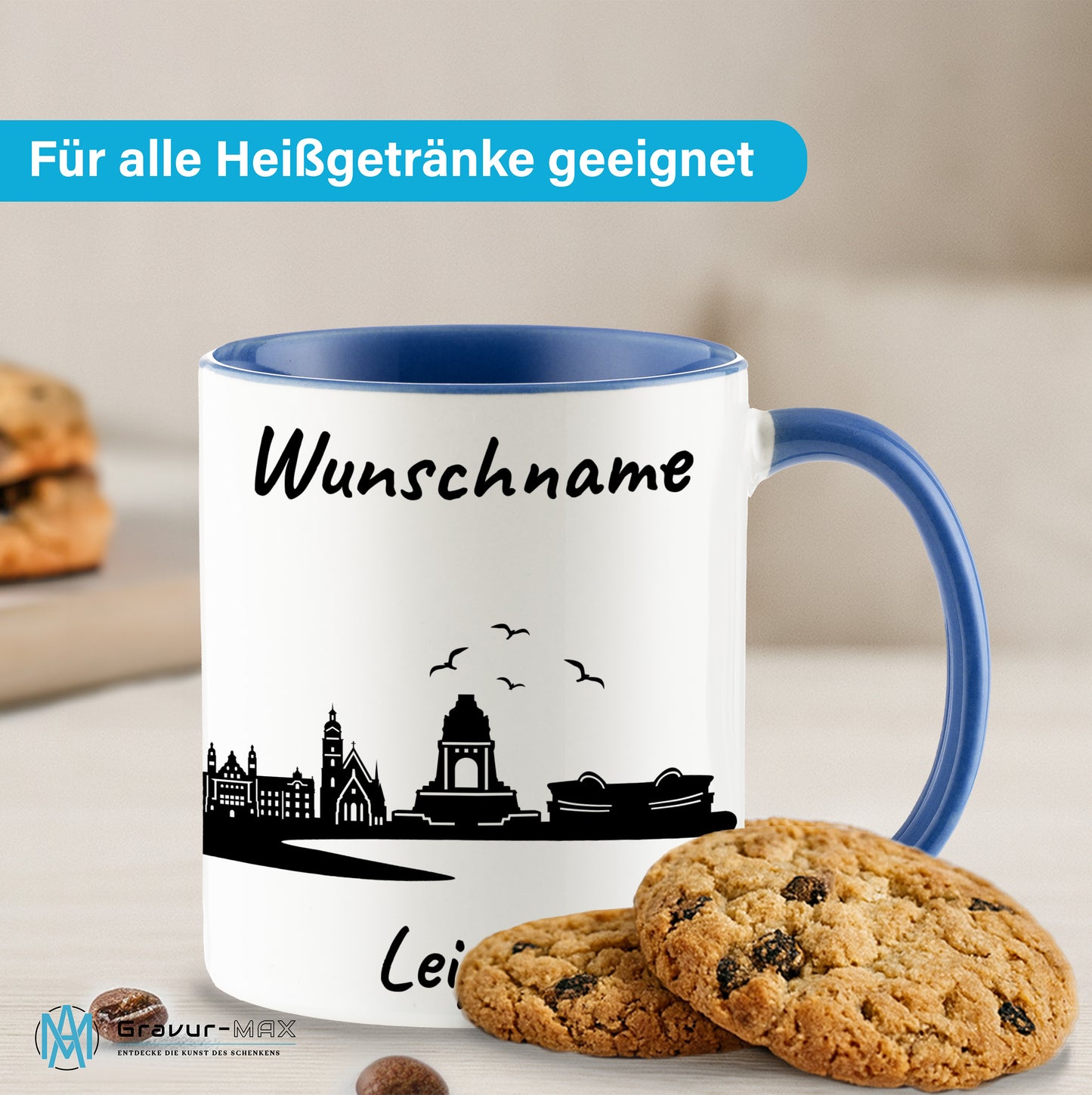 Tasse in Cambridge Blau 330ml bedruckt mit der Skyline von Leipzig personalisierbar mit Wunschname