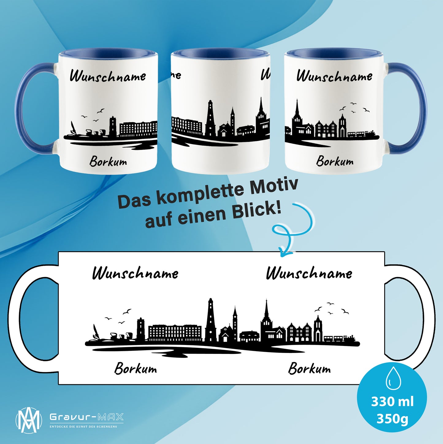 Tasse in Cambridge Blau 330ml bedruckt mit der Skyline von Borkum personalisierbar mit Wunschname