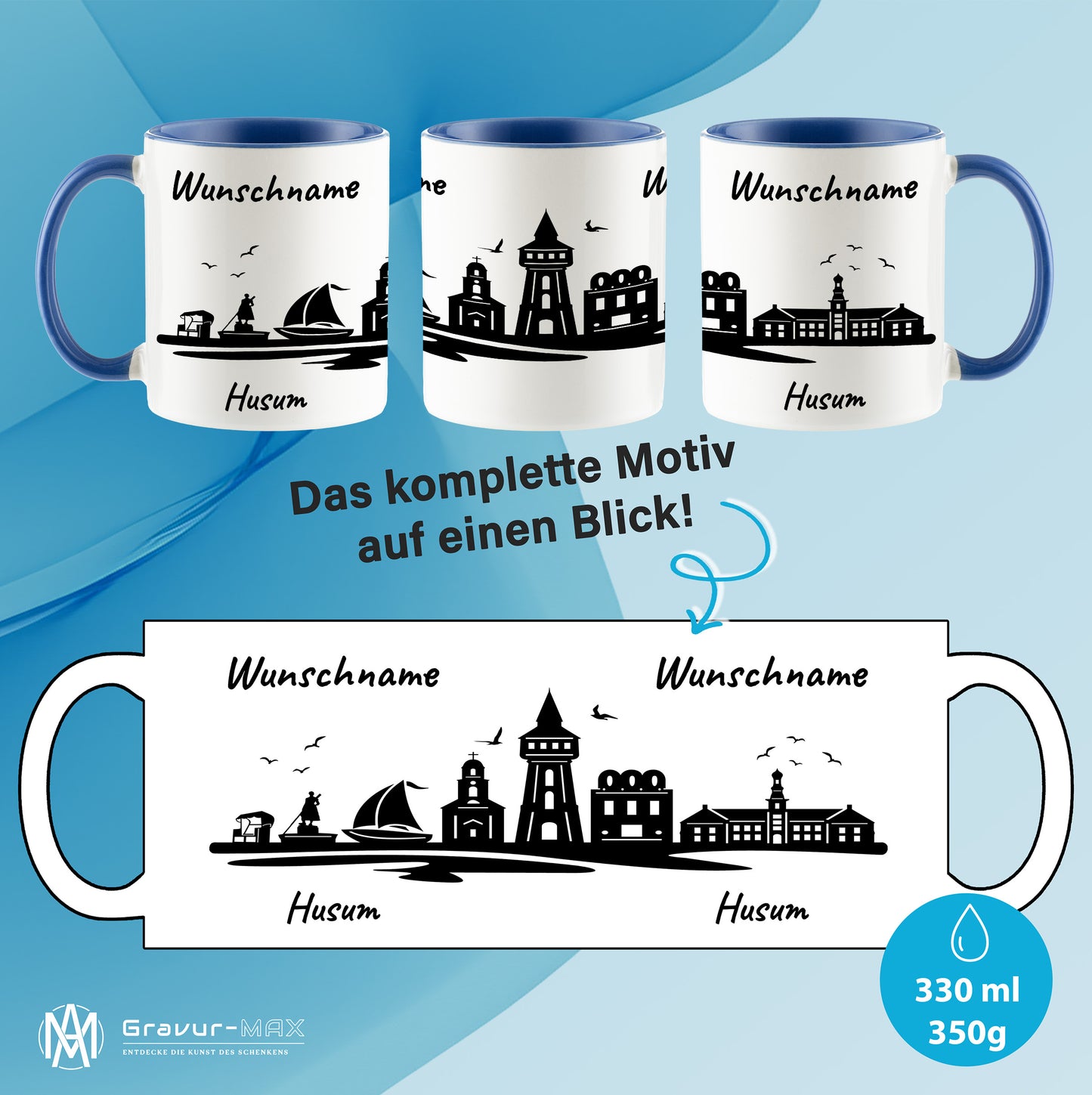 Tasse in Cambridge Blau 330ml bedruckt mit der Skyline von Husum personalisierbar mit Wunschname