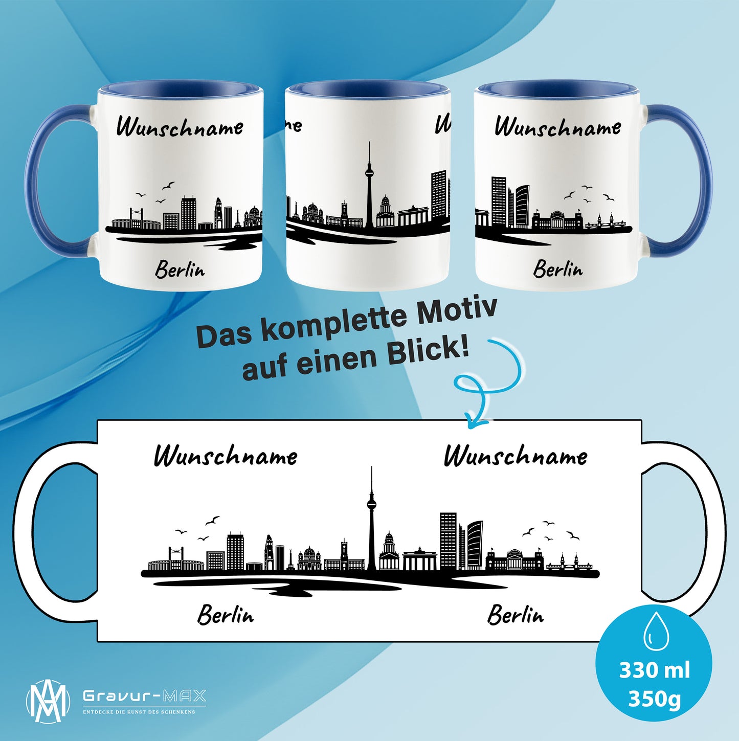 Tasse in Cambridge Blau 330ml bedruckt mit der Skyline von Berlin personalisierbar mit Wunschname