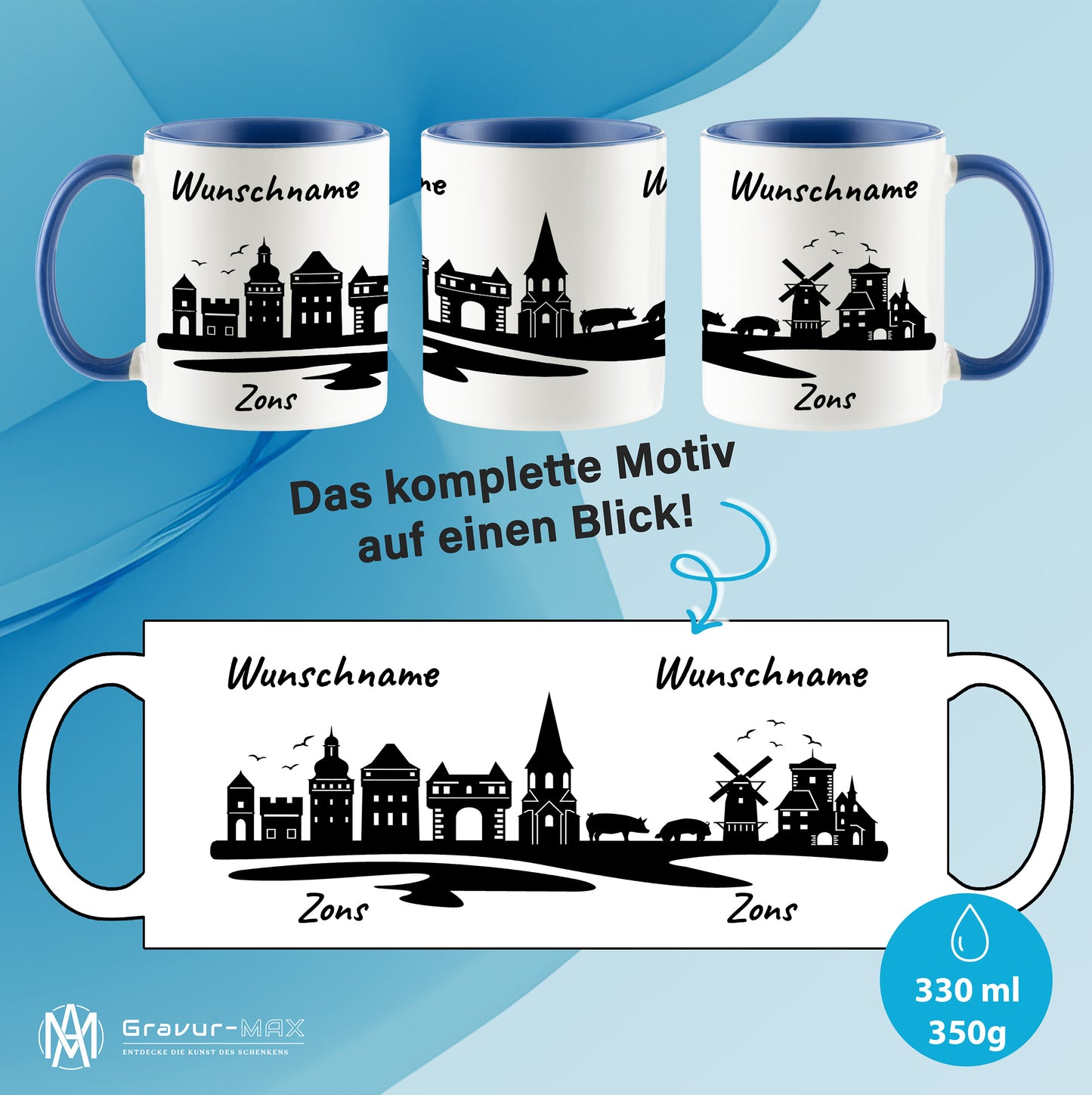 Tasse in Cambridge Blau 330ml bedruckt mit der Skyline von Zons (Dormagen) personalisierbar mit Wunschname