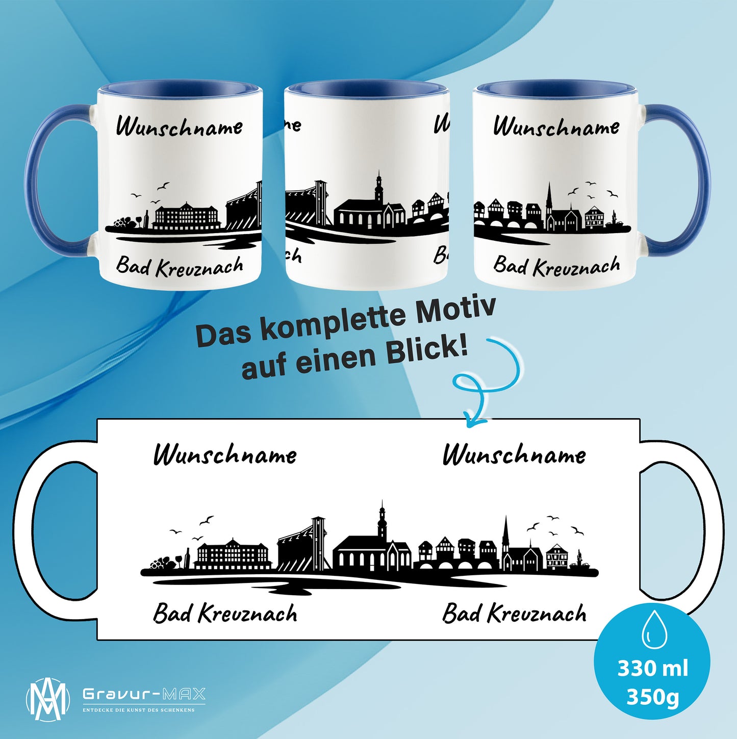 Tasse in Cambridge Blau 330ml bedruckt mit der Skyline von Bad Kreuznach personalisierbar mit Wunschname