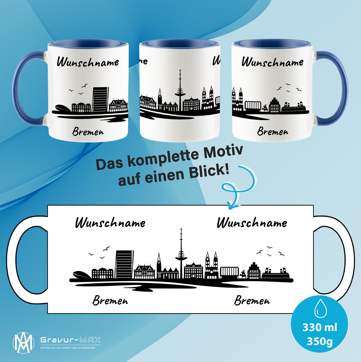Tasse in Cambridge Blau 330ml bedruckt mit der Skyline von Bremen personalisierbar mit Wunschname