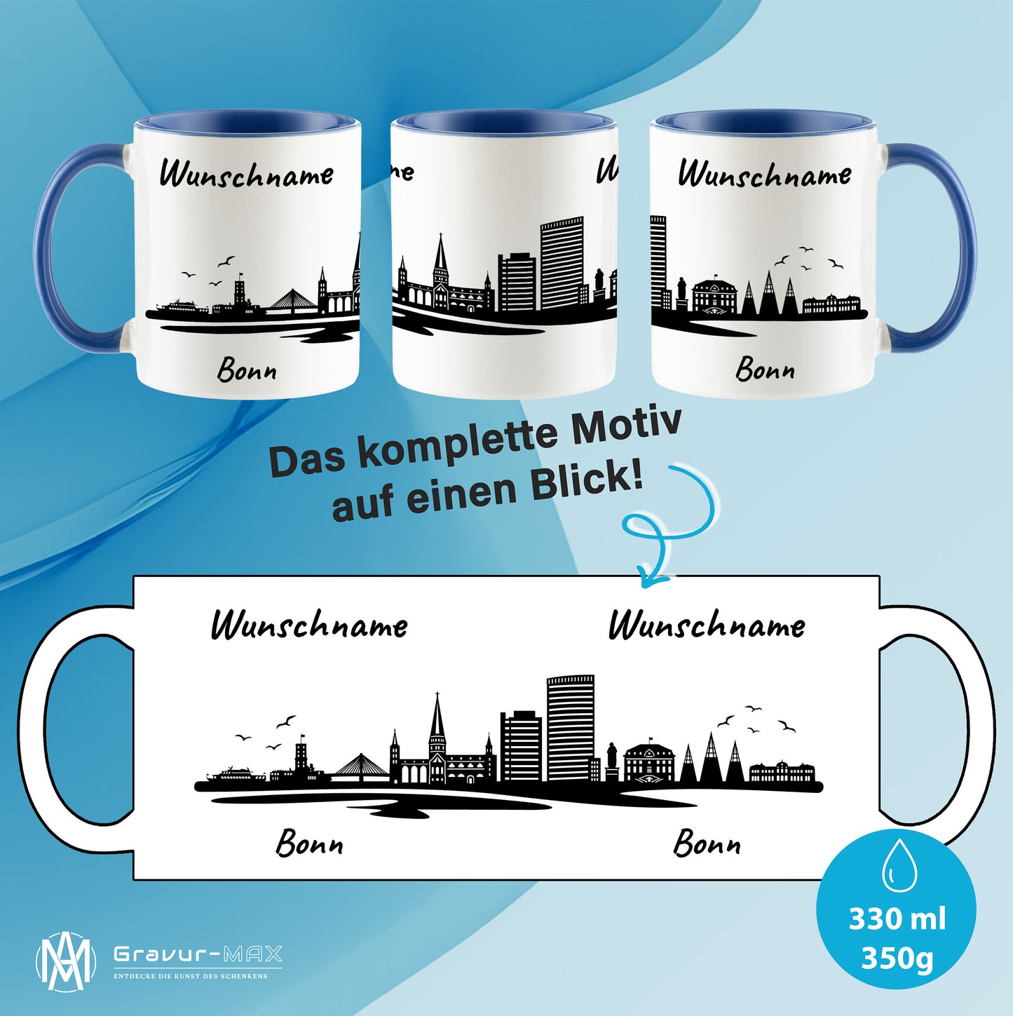 Tasse in Cambridge Blau 330ml bedruckt mit der Skyline von Bonn personalisierbar mit Wunschname