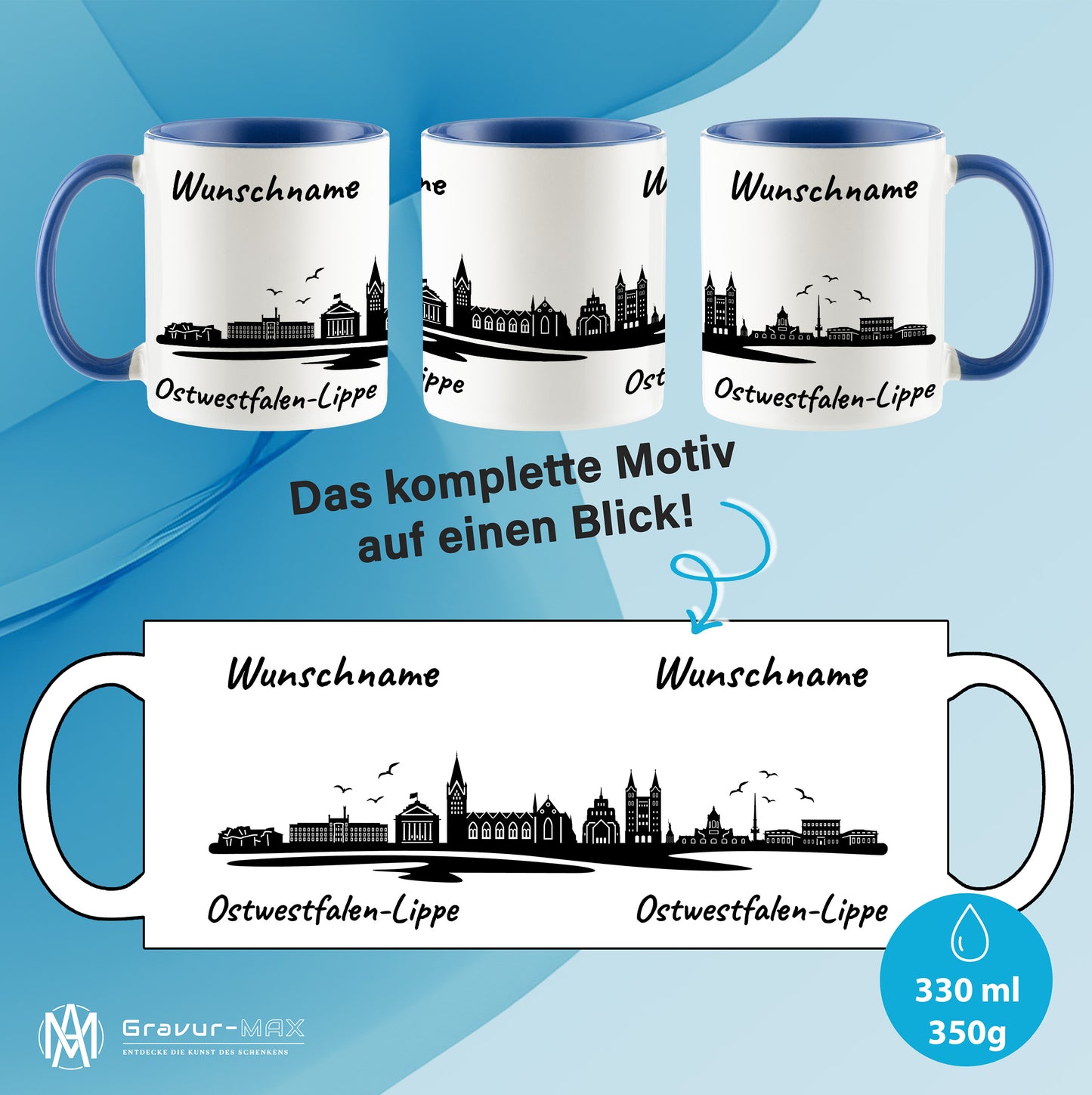 Tasse in Cambridge Blau 330ml bedruckt mit der Skyline von Ostwestfalen-Lippe personalisierbar mit Wunschname