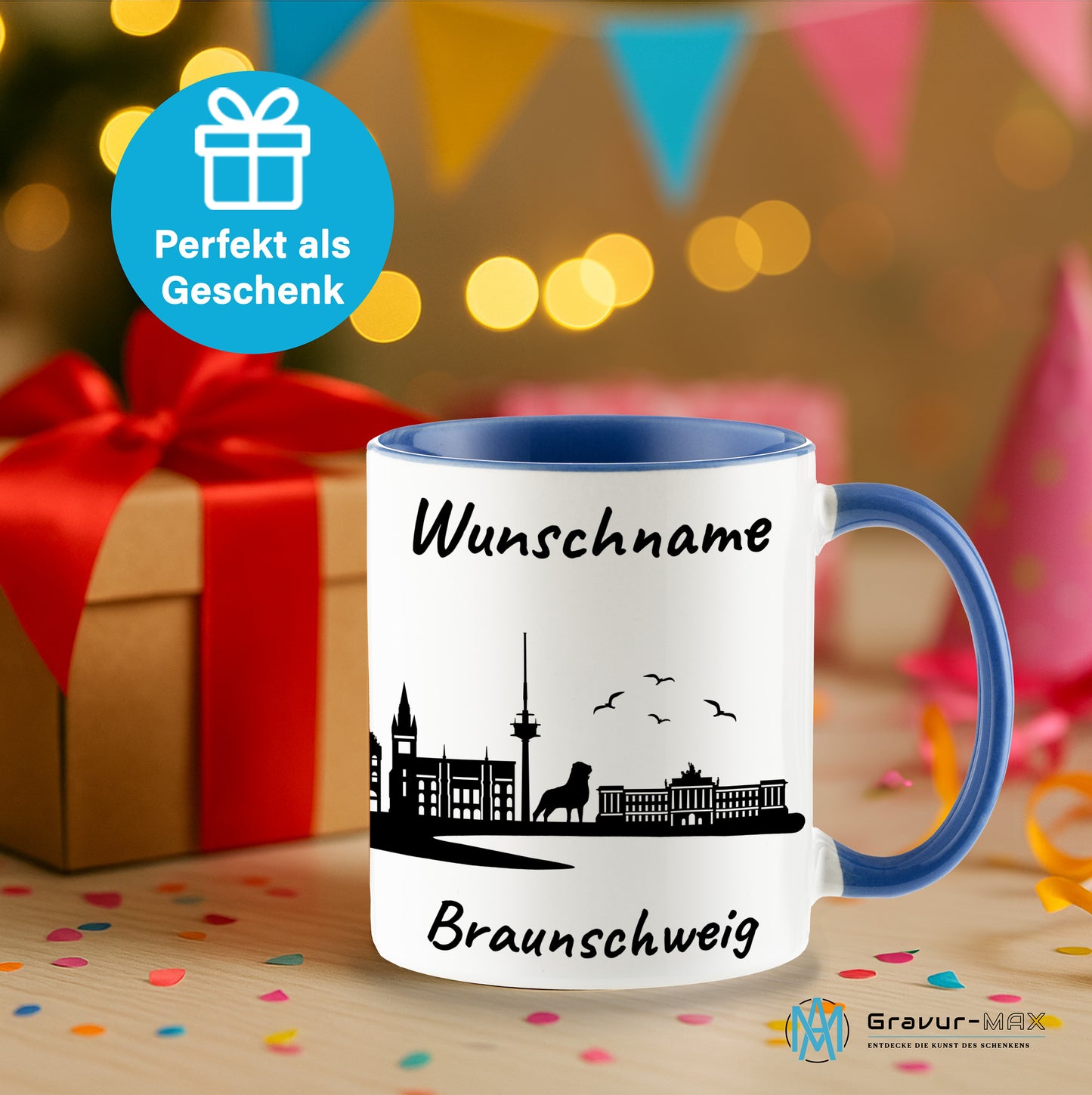 Tasse in Cambridge Blau 330ml bedruckt mit der Skyline von Braunschweig personalisierbar mit Wunschname