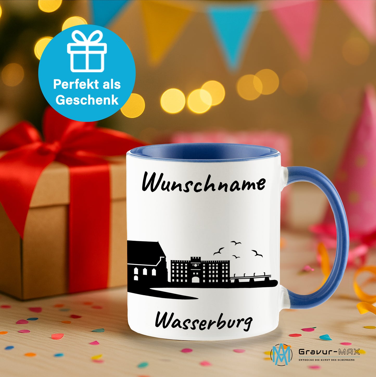 Tasse in Cambridge Blau 330ml bedruckt mit der Skyline von Wasserburg personalisierbar mit Wunschname