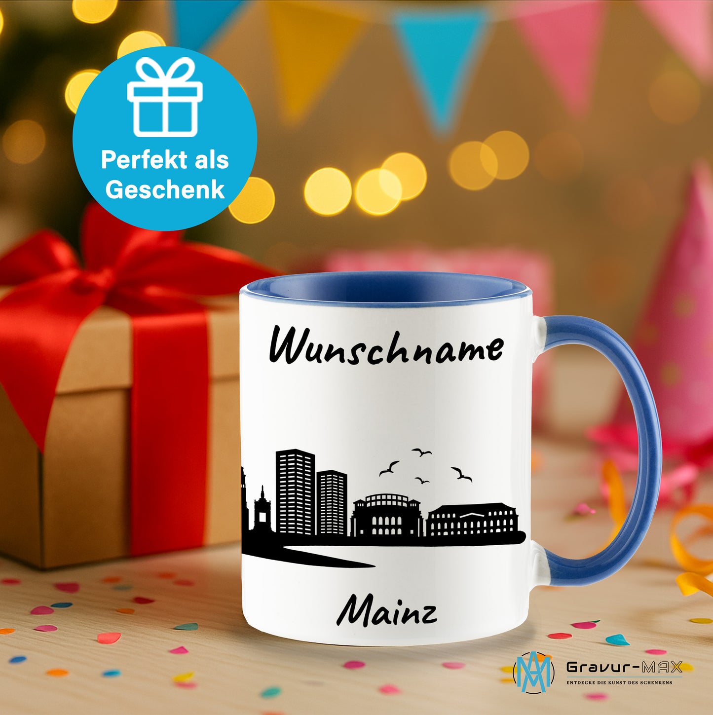 Tasse in Cambridge Blau 330ml bedruckt mit der Skyline von Mainz personalisierbar mit Wunschname