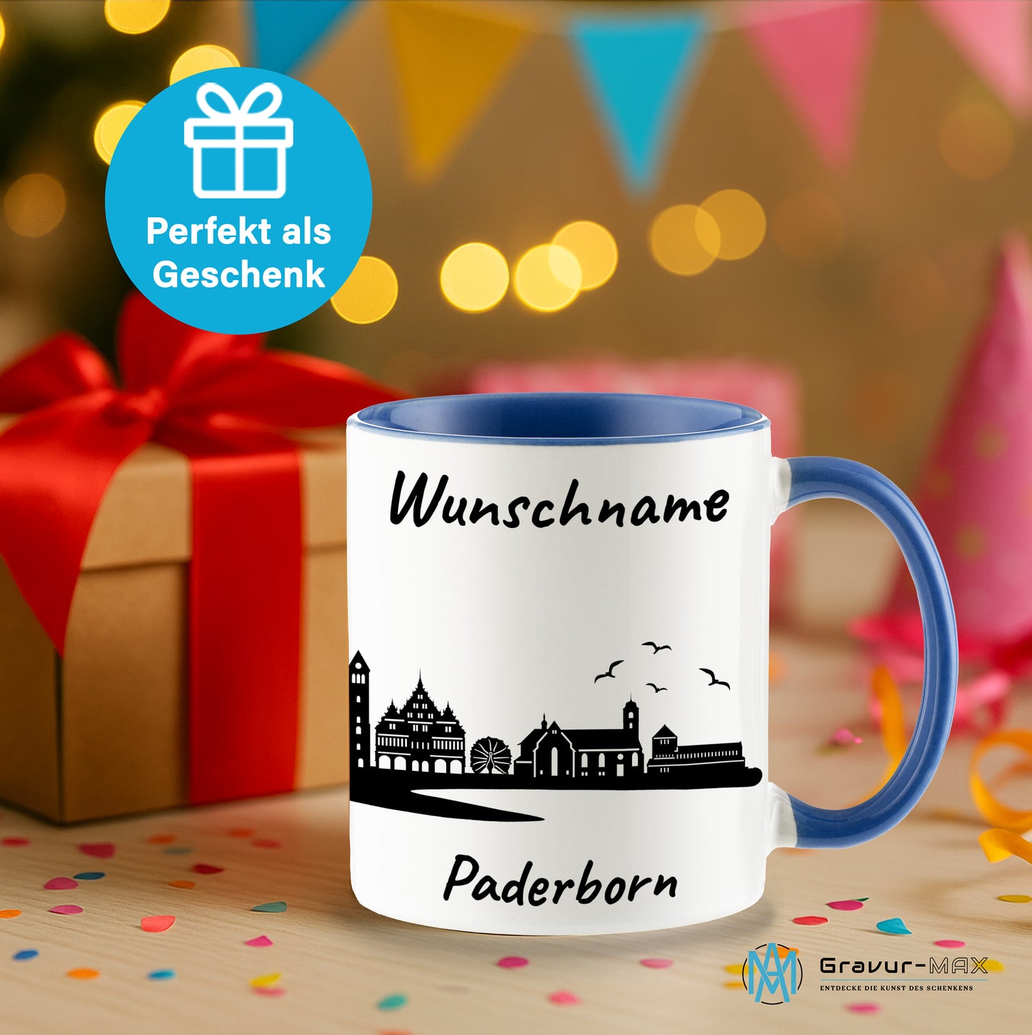 Tasse in Cambridge Blau 330ml bedruckt mit der Skyline von Paderborn personalisierbar mit Wunschname
