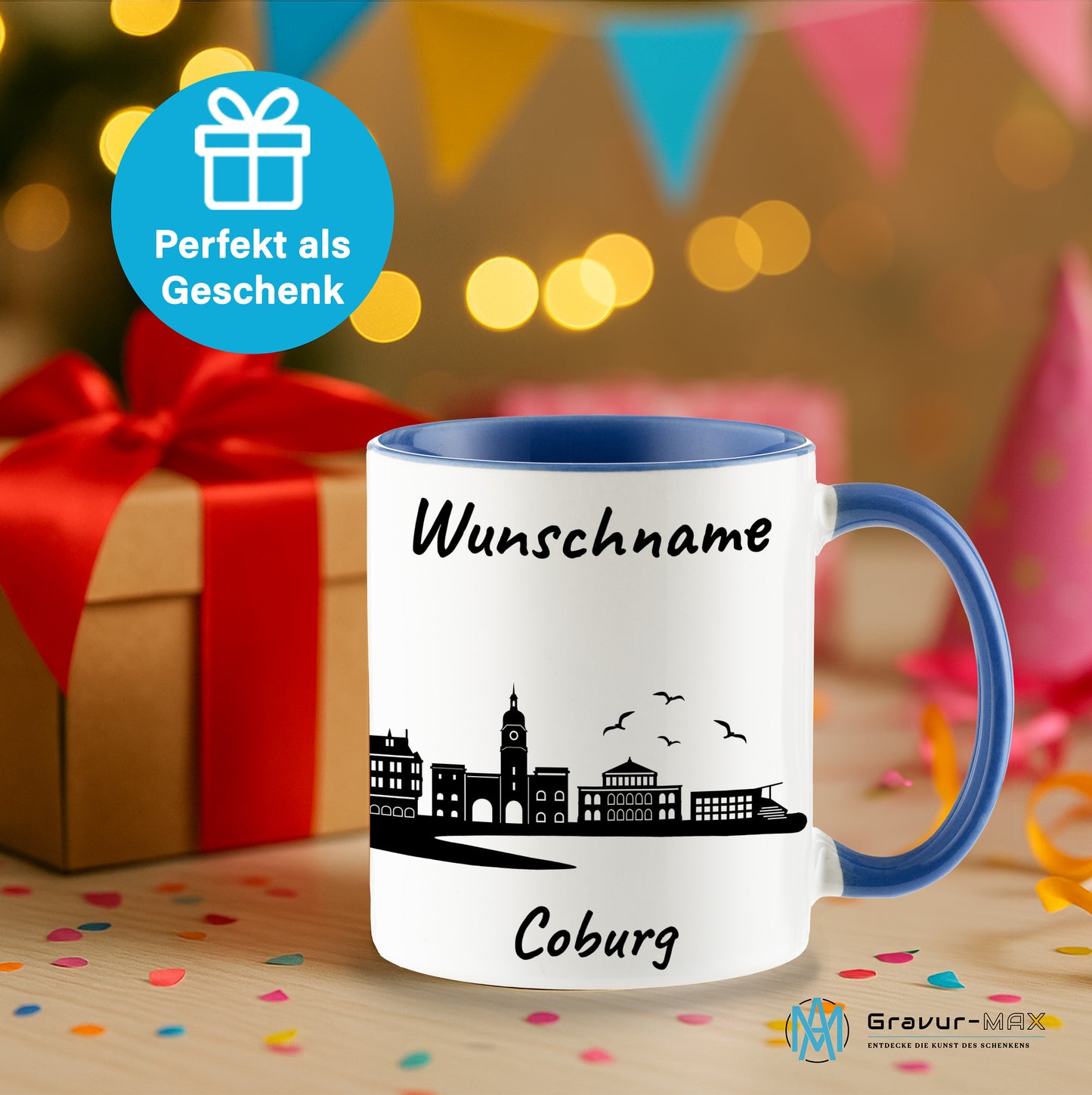 Tasse in Cambridge Blau 330ml bedruckt mit der Skyline von Coburg personalisierbar mit Wunschname