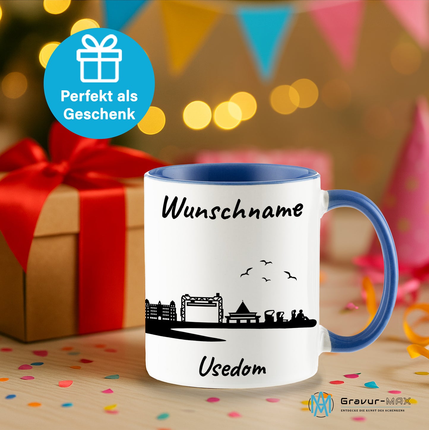 Tasse in Cambridge Blau 330ml bedruckt mit der Skyline von Usedom personalisierbar mit Wunschname
