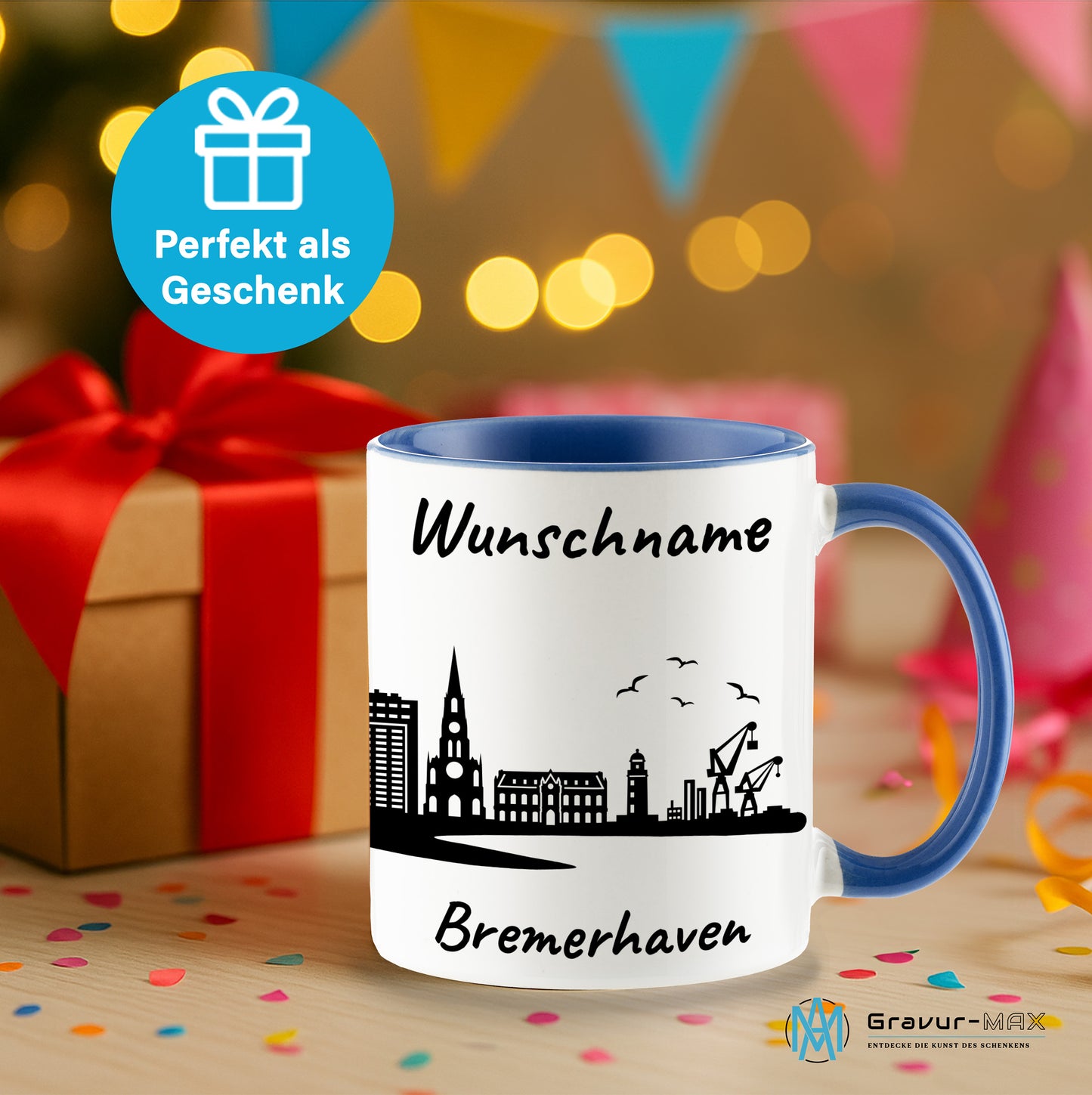 Tasse in Cambridge Blau 330ml bedruckt mit der Skyline von Bremerhaven personalisierbar mit Wunschname