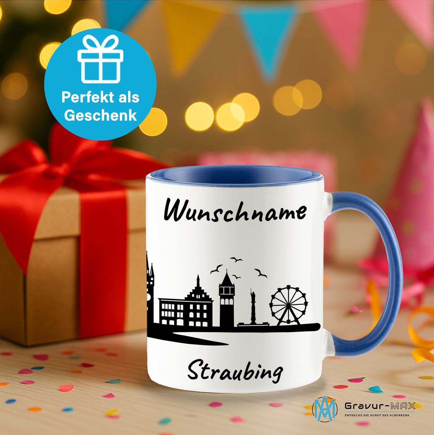 Tasse in Cambridge Blau 330ml bedruckt mit der Skyline von Straubing personalisierbar mit Wunschname