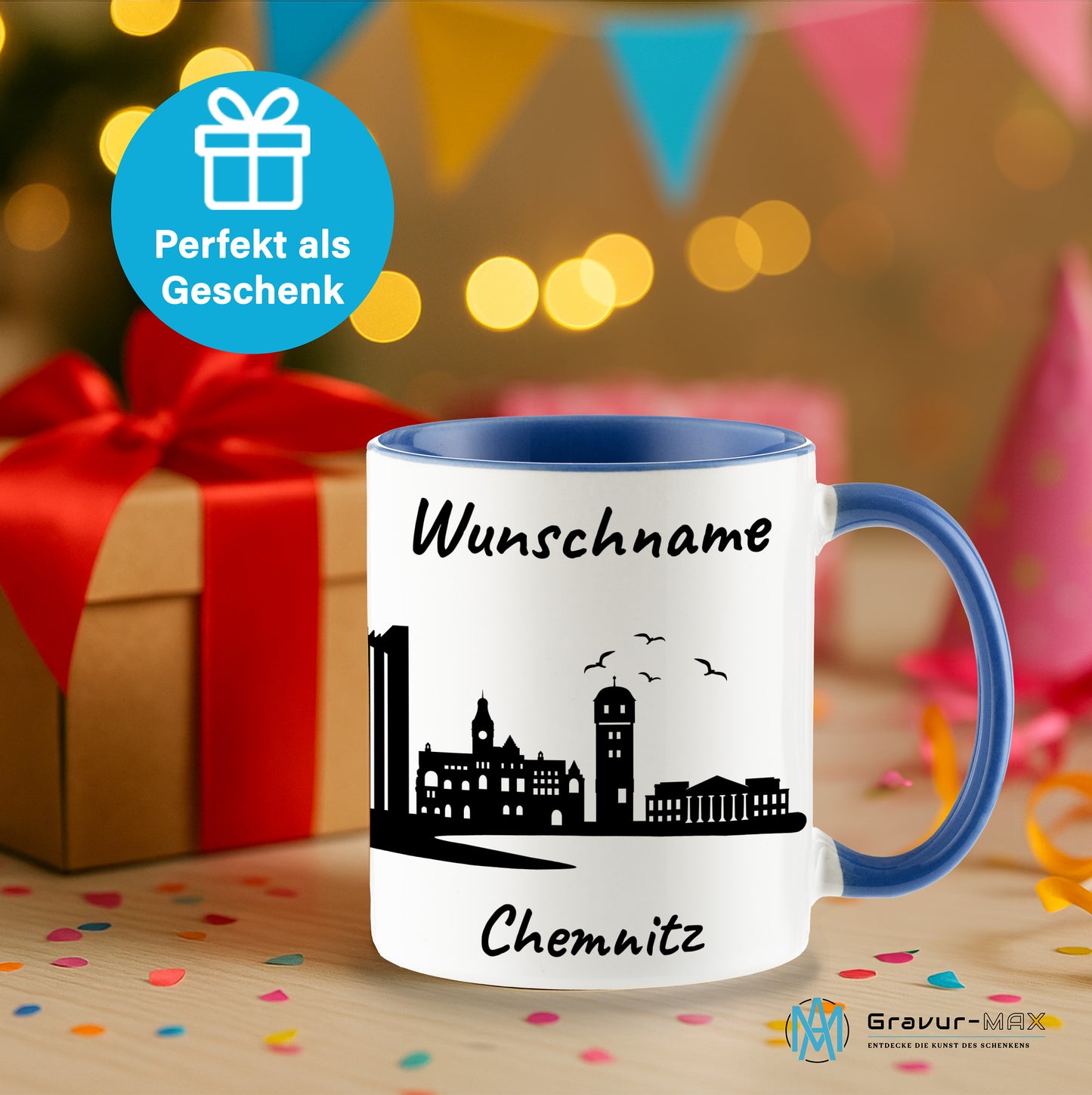 Tasse in Cambridge Blau 330ml bedruckt mit der Skyline von Chemnitz personalisierbar mit Wunschname