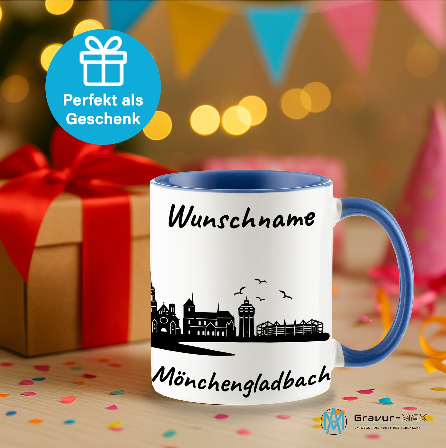 Tasse in Cambridge Blau 330ml bedruckt mit der Skyline von Mönchengladbach personalisierbar mit Wunschname