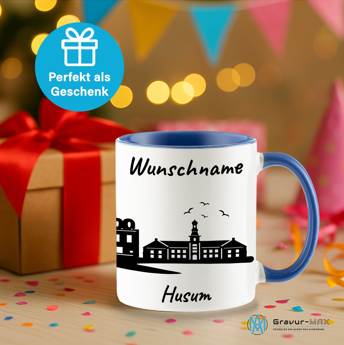 Tasse in Cambridge Blau 330ml bedruckt mit der Skyline von Husum personalisierbar mit Wunschname