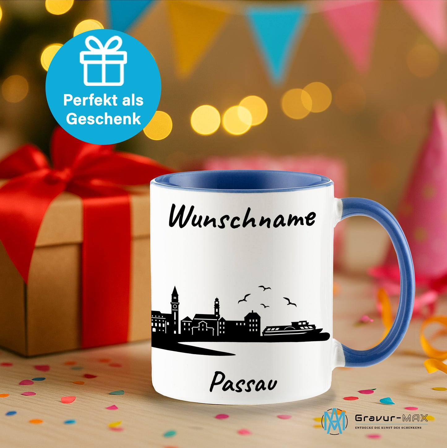 Tasse in Cambridge Blau 330ml bedruckt mit der Skyline von Passau personalisierbar mit Wunschname