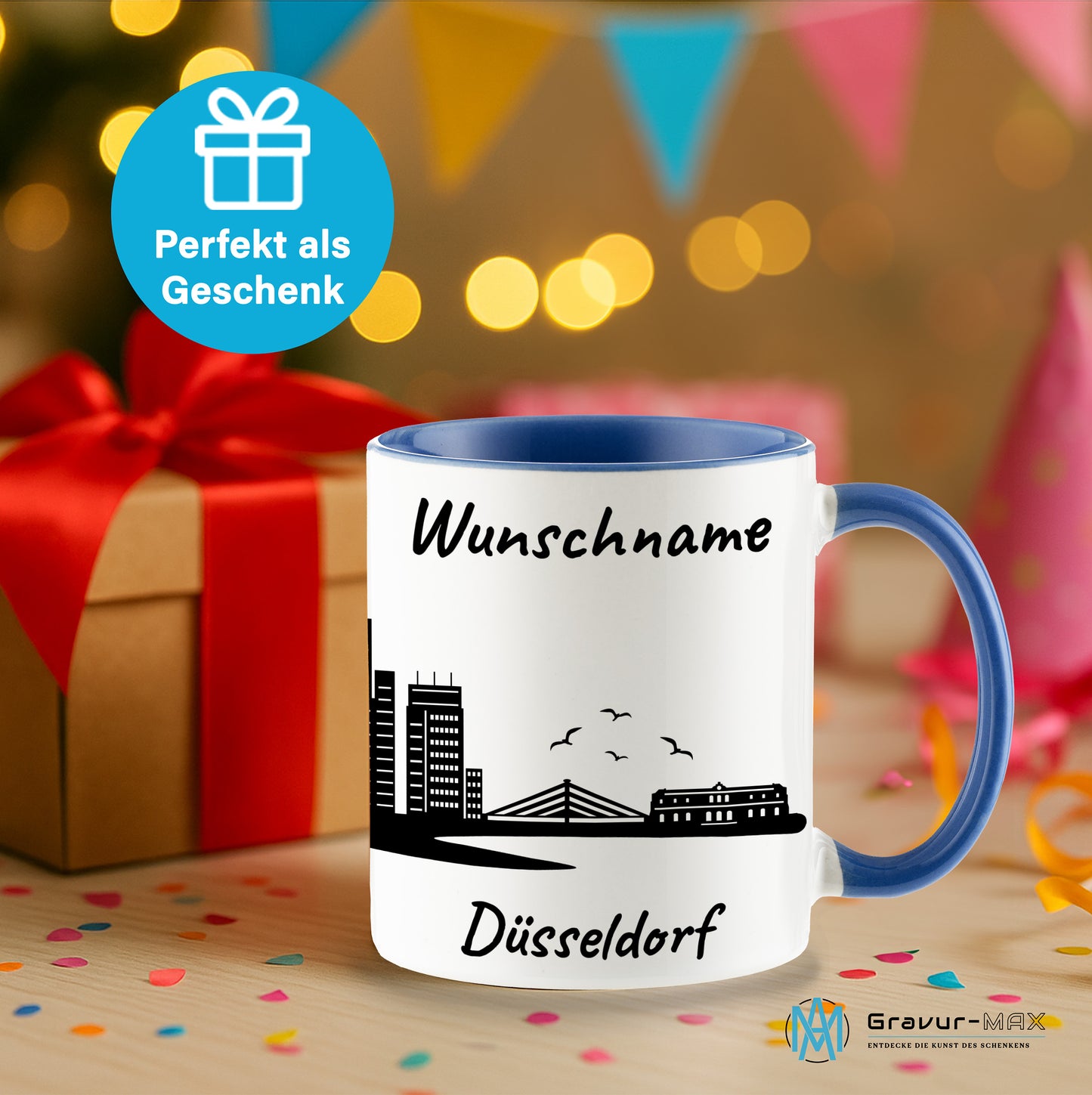 Tasse in Cambridge Blau 330ml bedruckt mit der Skyline von Düsseldorf personalisierbar mit Wunschname