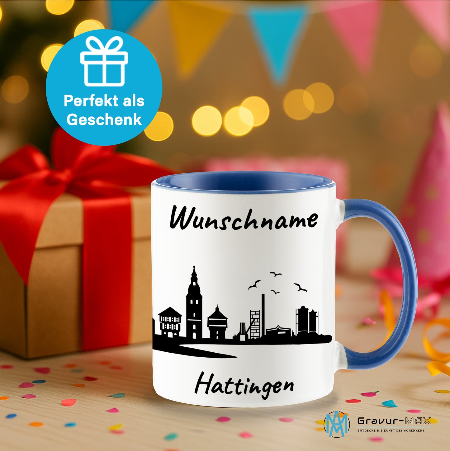 Tasse in Cambridge Blau 330ml bedruckt mit der Skyline von Hattingen personalisierbar mit Wunschname