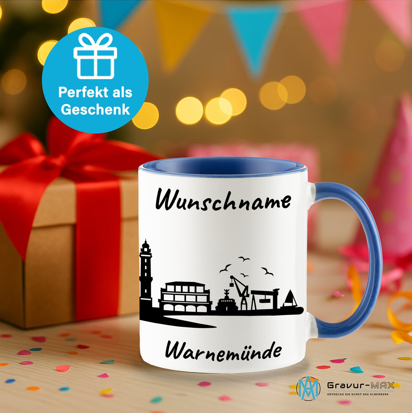 Tasse in Cambridge Blau 330ml bedruckt mit der Skyline von Warnemünde personalisierbar mit Wunschname