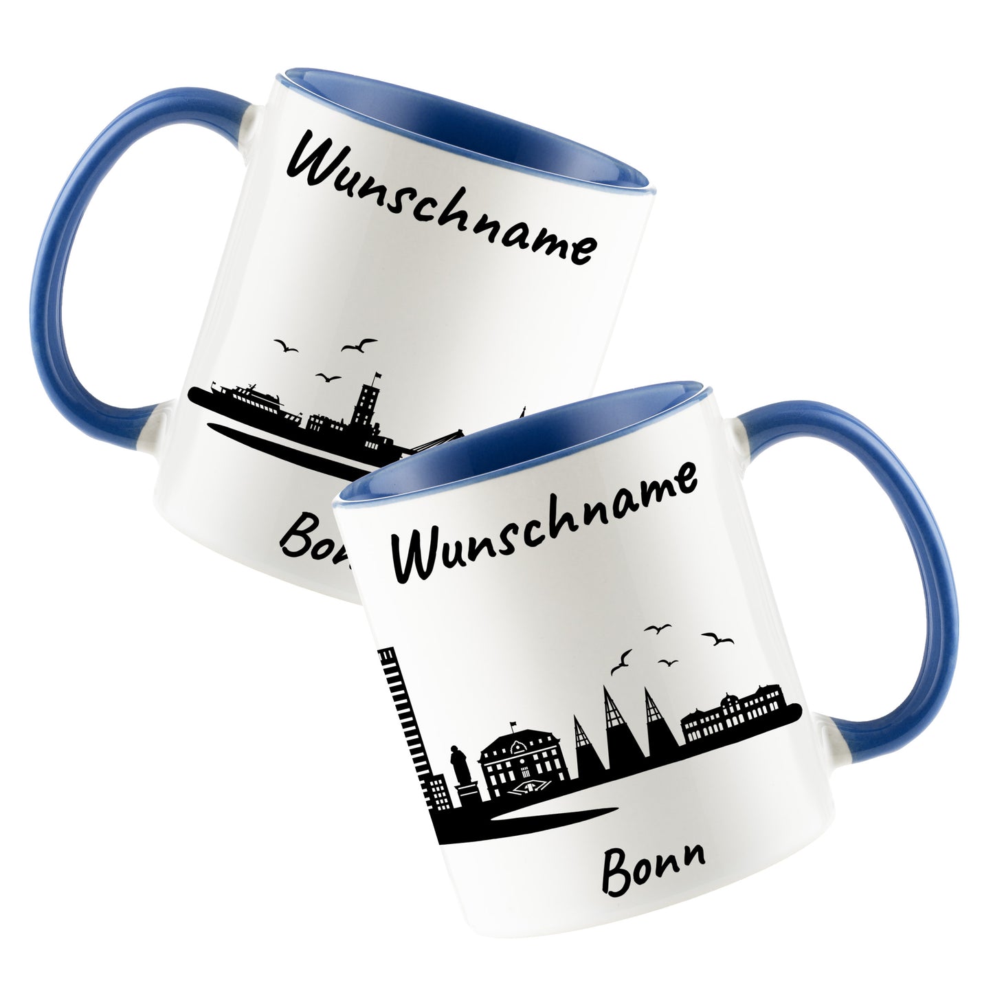 Tasse in Cambridge Blau 330ml bedruckt mit der Skyline von Bonn personalisierbar mit Wunschname