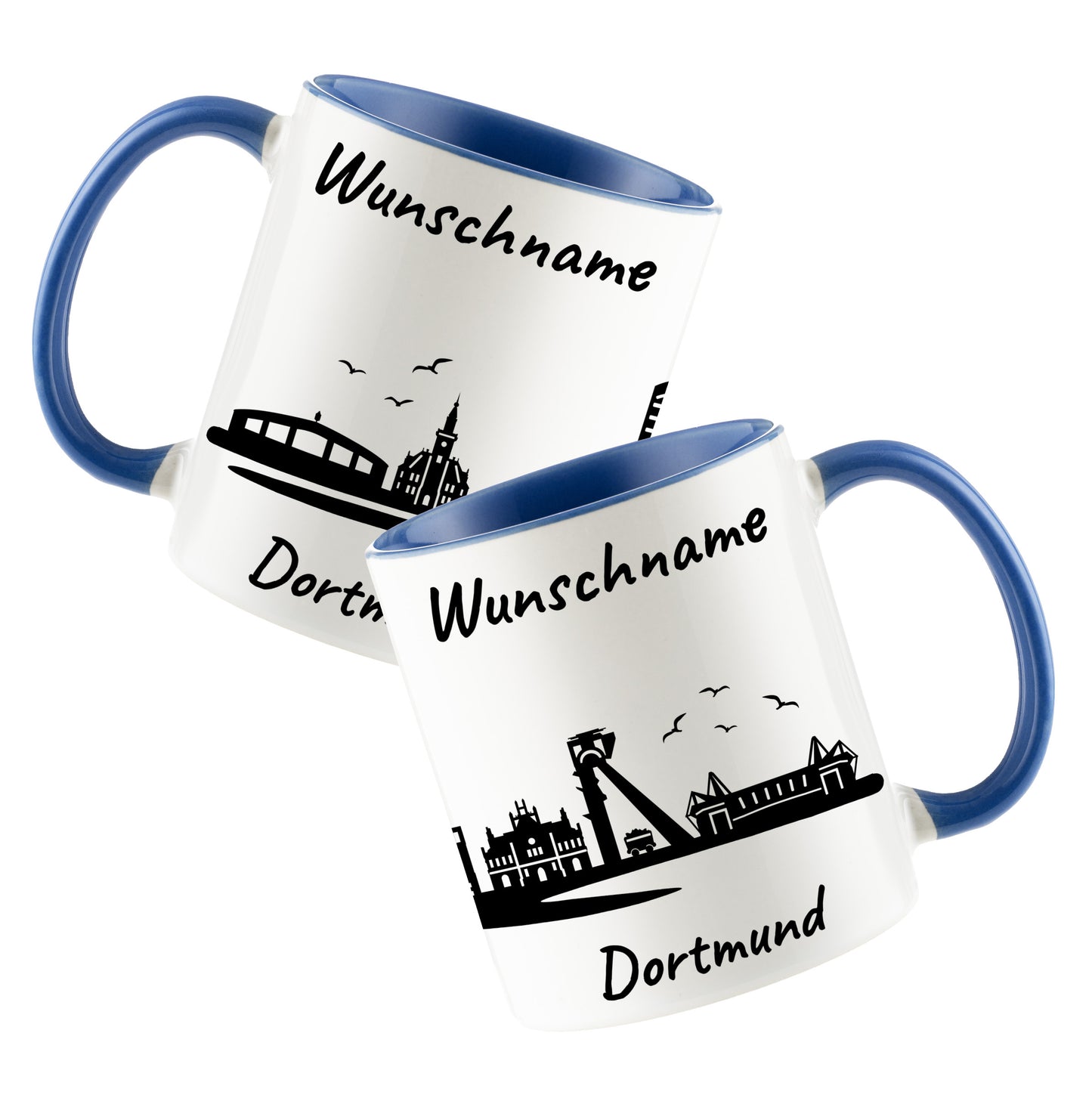Tasse in Cambridge Blau 330ml bedruckt mit der Skyline von Dortmund personalisierbar mit Wunschname