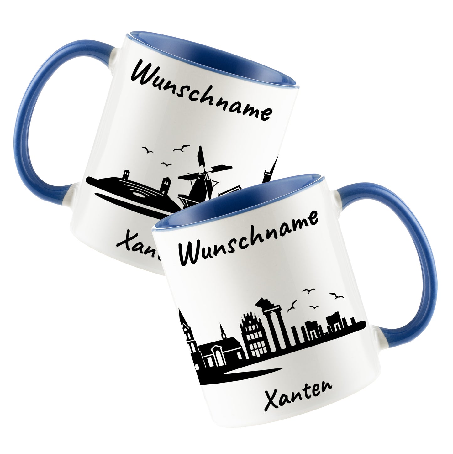 Tasse in Cambridge Blau 330ml bedruckt mit der Skyline von Xanten personalisierbar mit Wunschname