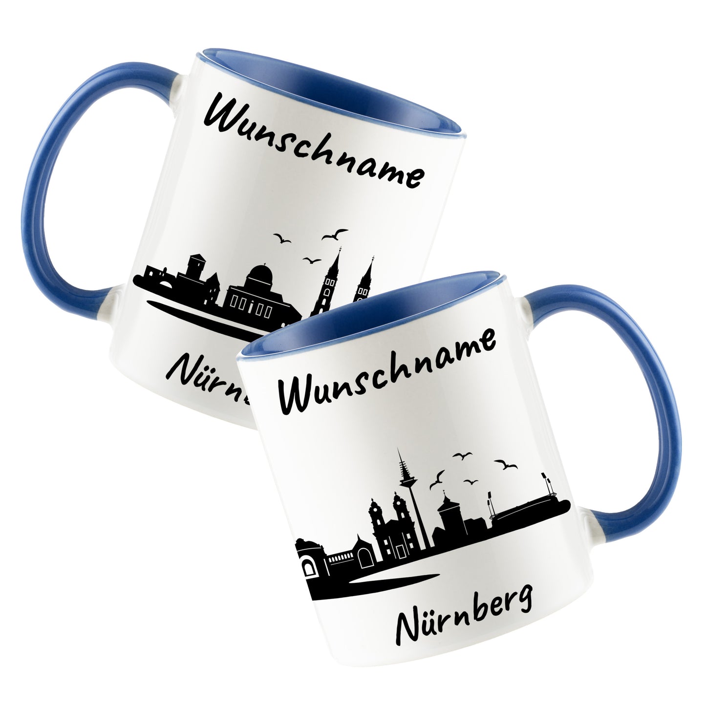 Tasse in Cambridge Blau 330ml bedruckt mit der Skyline von Nürnberg personalisierbar mit Wunschname