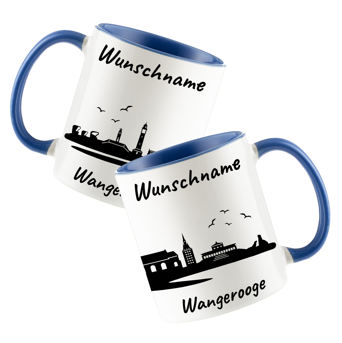 Tasse in Cambridge Blau 330ml bedruckt mit der Skyline von Wangerooge personalisierbar mit Wunschname