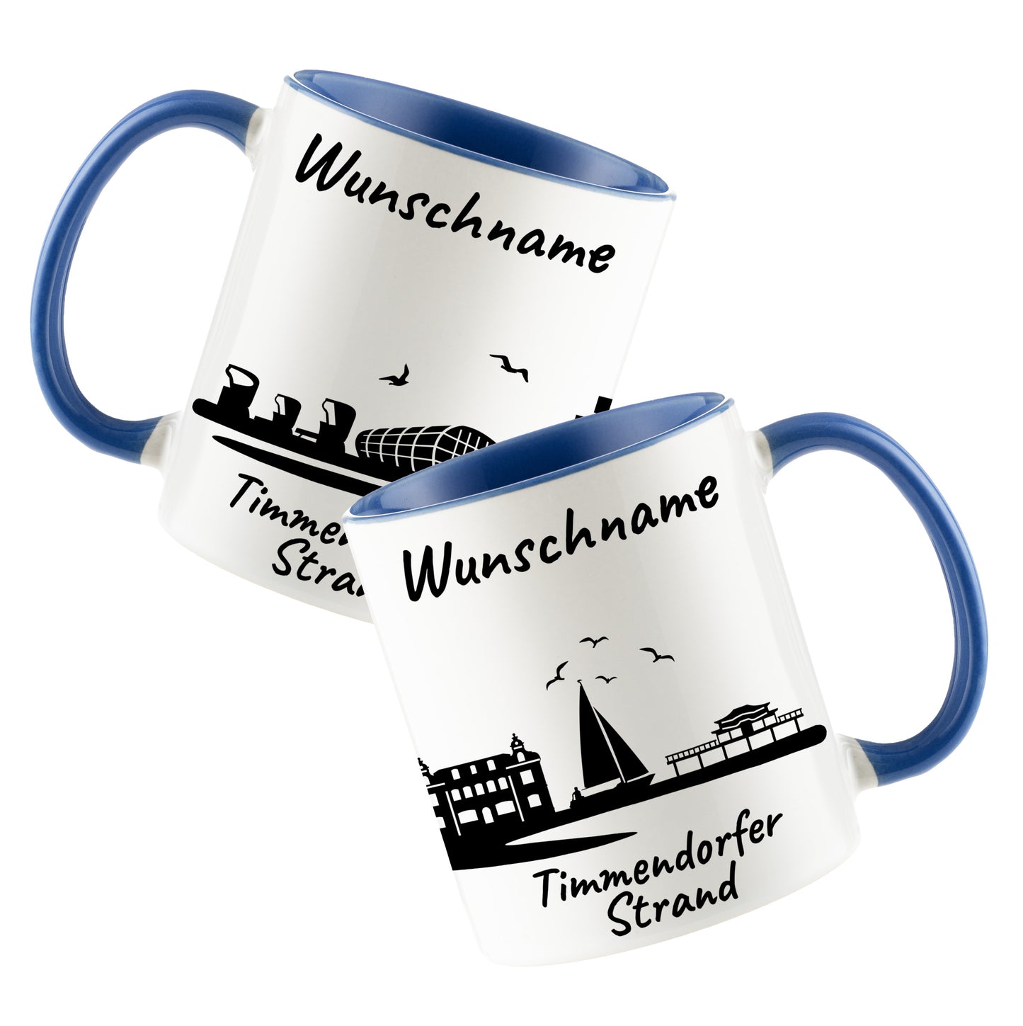 Tasse in Cambridge Blau 330ml bedruckt mit der Skyline von Timmendorfer Strand personalisierbar mit Wunschname