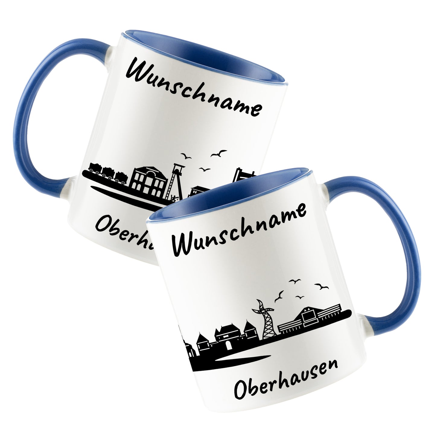 Tasse in Cambridge Blau 330ml bedruckt mit der Skyline von Oberhausen personalisierbar mit Wunschname
