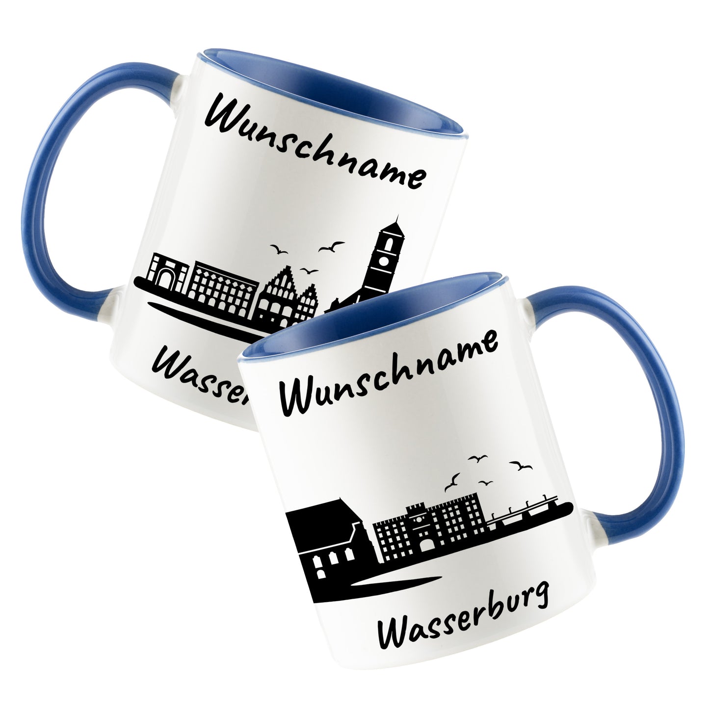 Tasse in Cambridge Blau 330ml bedruckt mit der Skyline von Wasserburg personalisierbar mit Wunschname