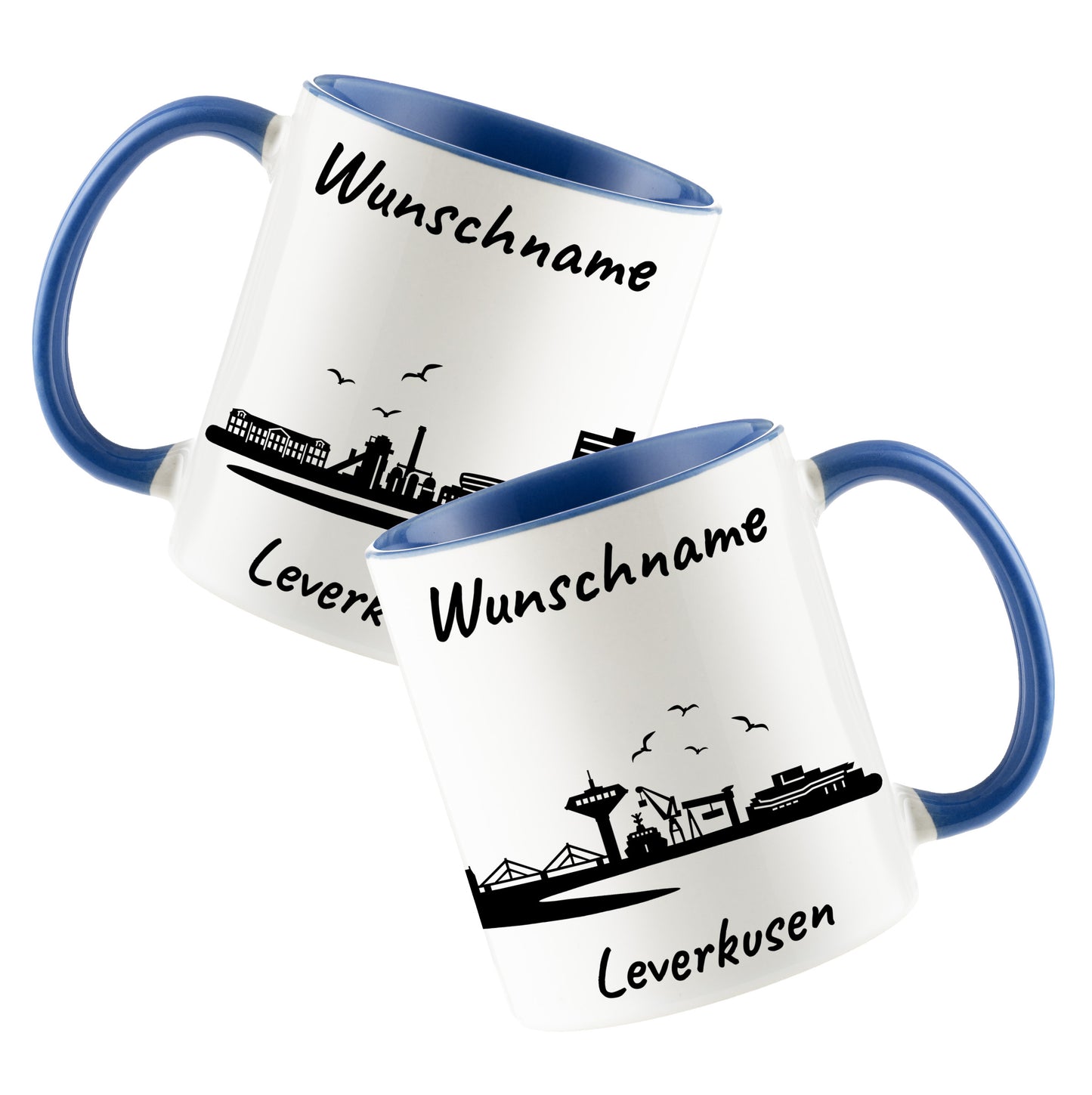 Tasse in Cambridge Blau 330ml bedruckt mit der Skyline von Leverkusen personalisierbar mit Wunschname