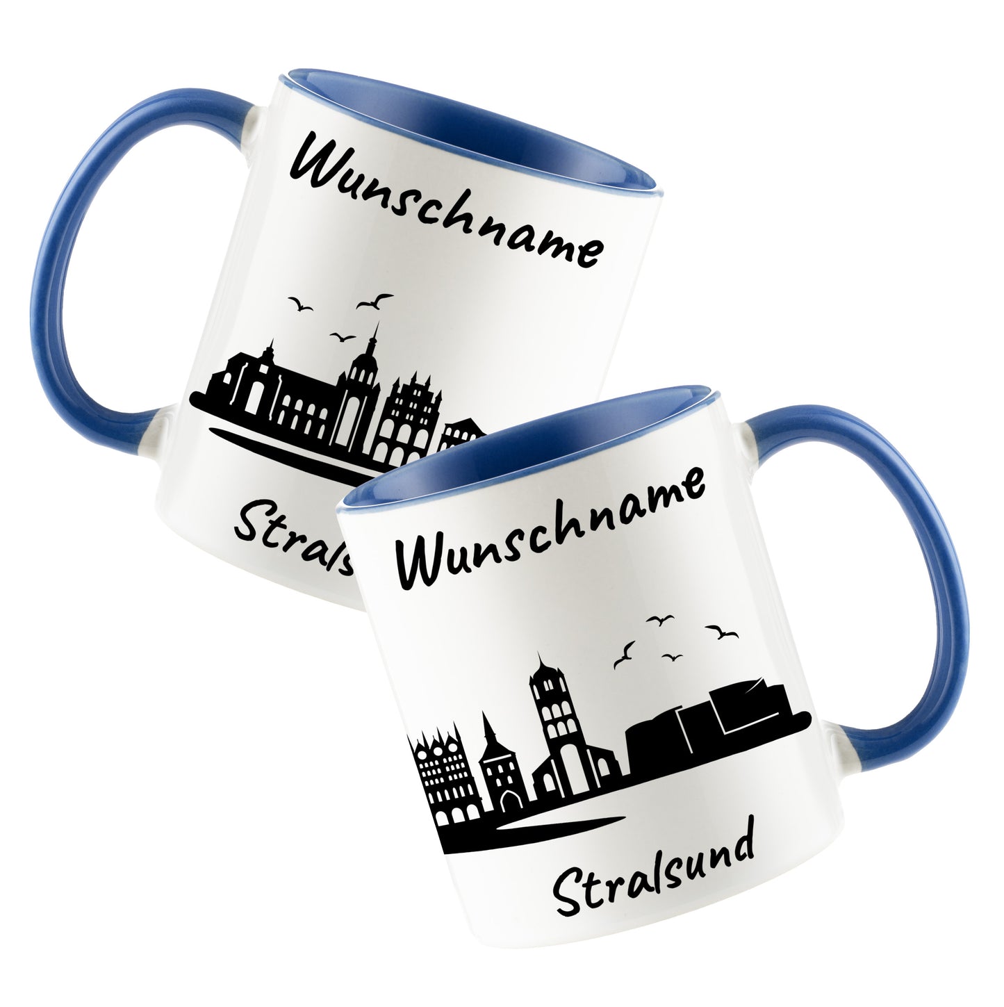 Tasse in Cambridge Blau 330ml bedruckt mit der Skyline von Stralsund personalisierbar mit Wunschname