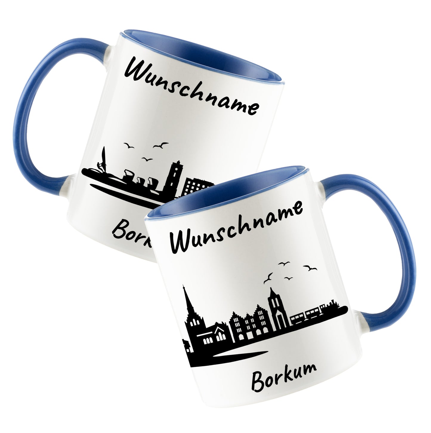 Tasse in Cambridge Blau 330ml bedruckt mit der Skyline von Borkum personalisierbar mit Wunschname
