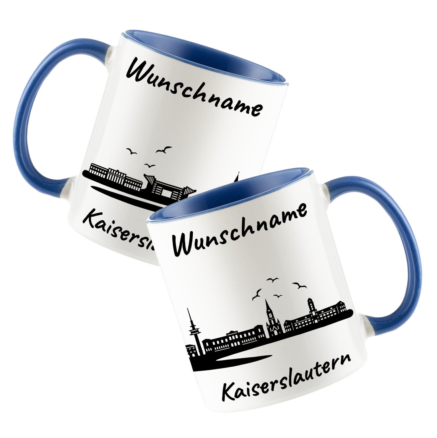 Tasse in Cambridge Blau 330ml bedruckt mit der Skyline von Kaiserslautern personalisierbar mit Wunschname