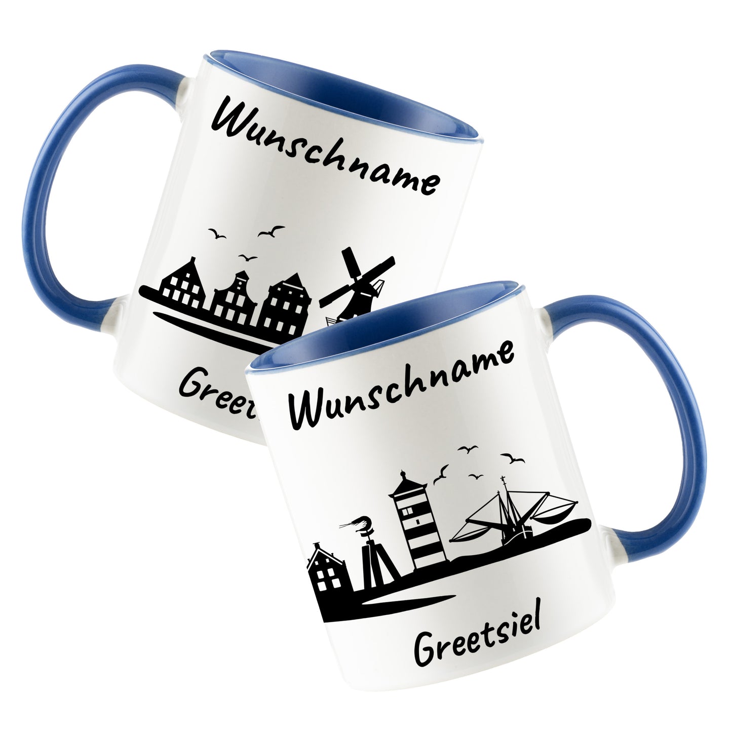 Tasse in Cambridge Blau 330ml bedruckt mit der Skyline von Greetsiel personalisierbar mit Wunschname
