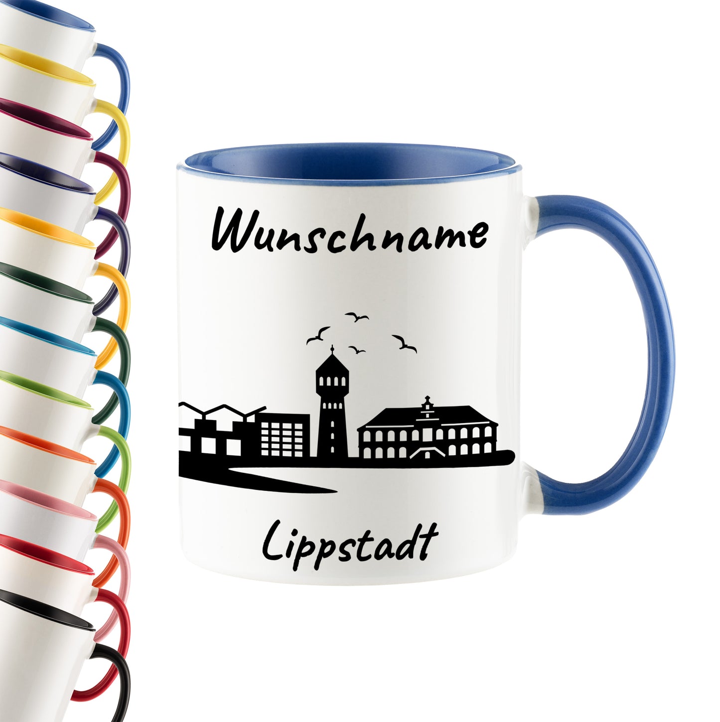 Tasse in Cambridge Blau 330ml bedruckt mit der Skyline von Lippstadt personalisierbar mit Wunschname
